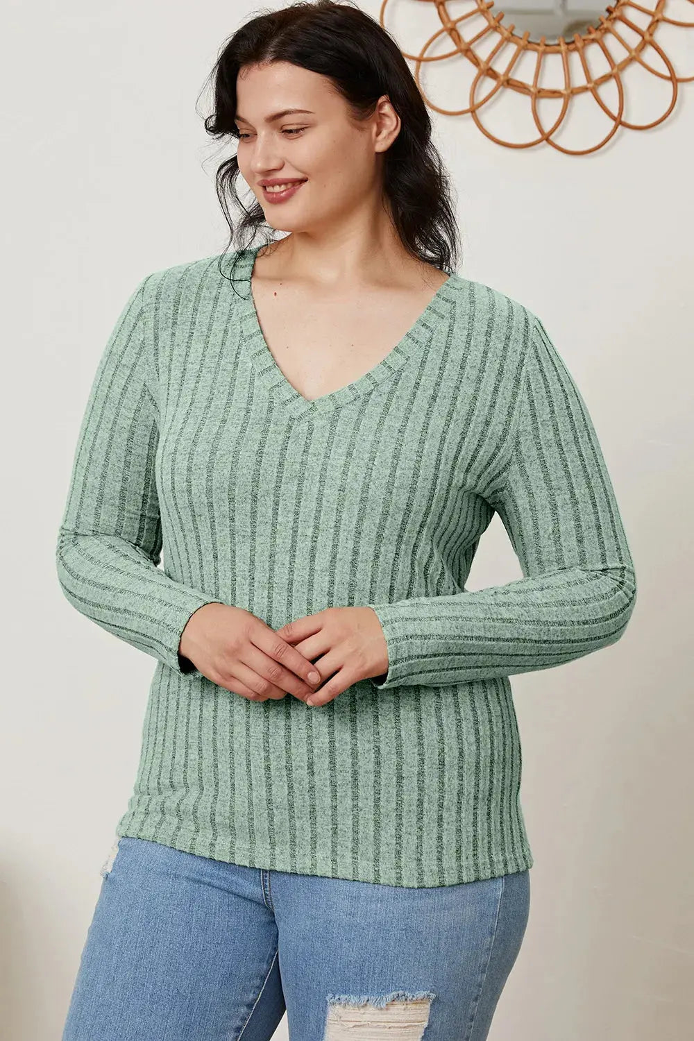 Basic Bae Full Size Ribbed V-Neck Long Sleeve T-Shirt - Love Salve